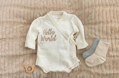 Hello World Newborn Kimono – Knitted Baby Coming Home Outfit
