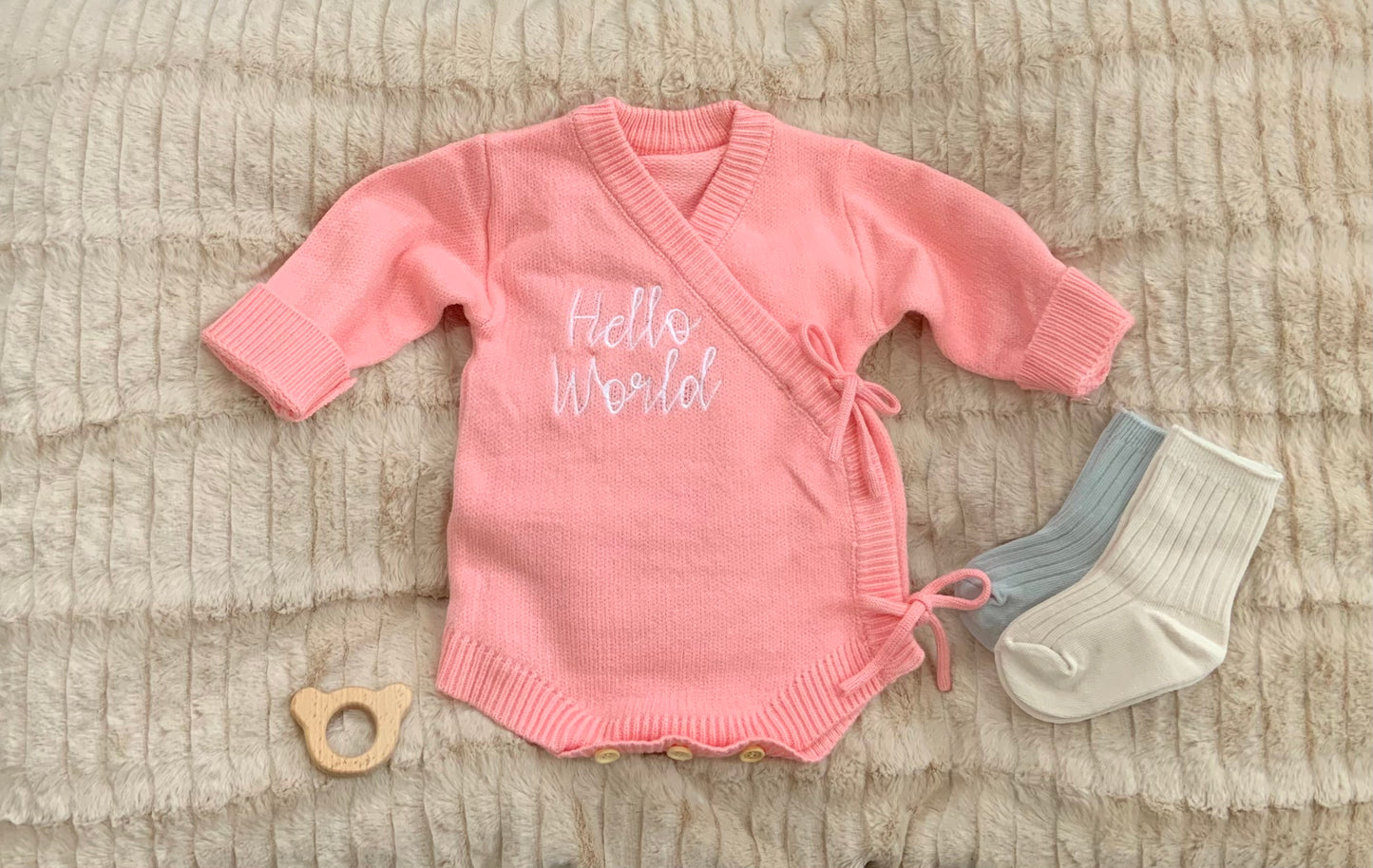 Hello World Newborn Kimono – Knitted Baby Coming Home Outfit