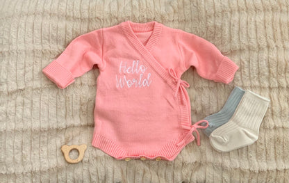 Hello World Newborn Kimono – Knitted Baby Coming Home Outfit
