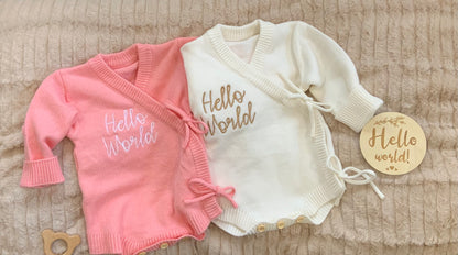 Hello World Newborn Kimono – Knitted Baby Coming Home Outfit