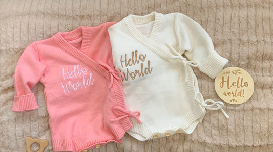 Hello World Newborn Kimono – Knitted Baby Coming Home Outfit